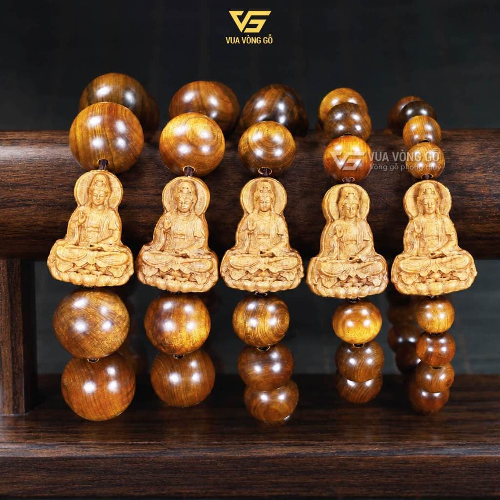 Vòng Gỗ Bách Xanh Hạt Tròn mix charm Mặt Phật Quan Âm, Di Lặc - Size 8/10/12/14/16mm | Vua Vòng Gỗ