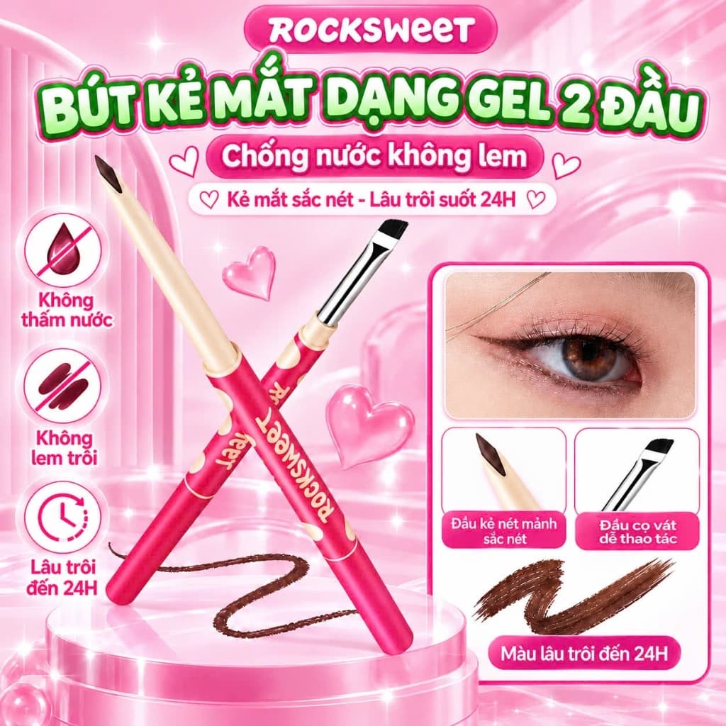 Bút kẻ mắt Gel hai đầu ROCKSWEET 2in1 - lên màu rõ, sống động, chống nhòe, giữ nét lâu trôi, dễ tạo mọi hình mắt