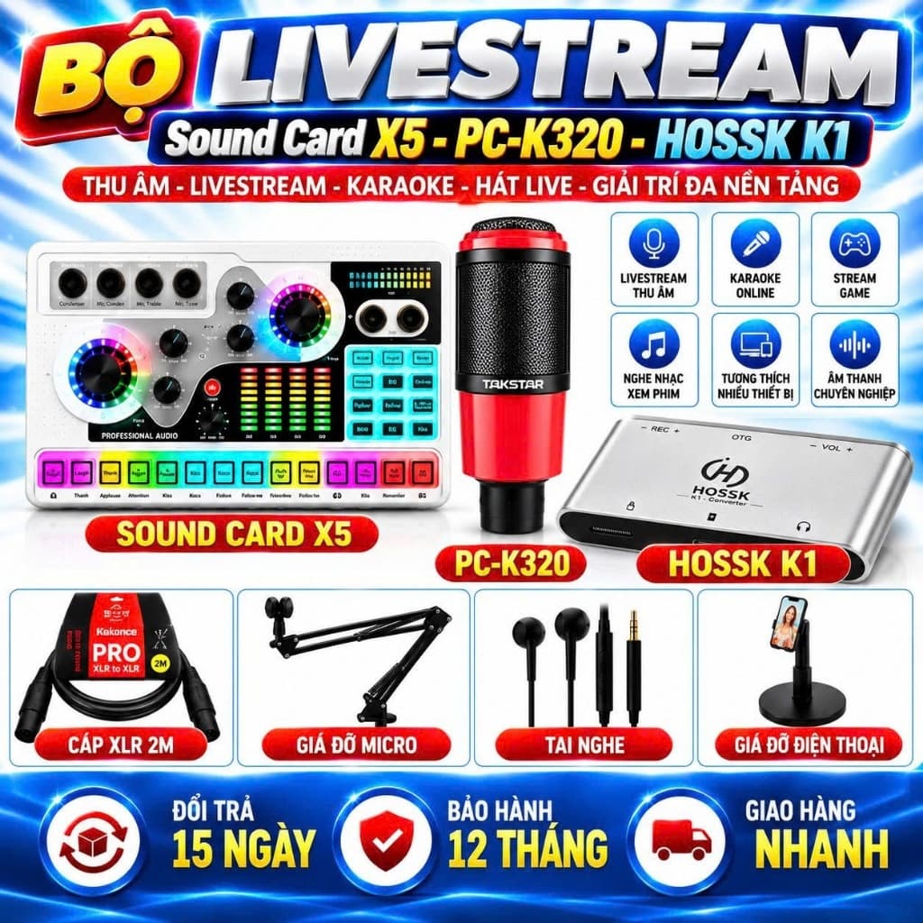 Bộ Livestream X5 + PC-K320 + K1 - Combo Thu Âm, Hát Live, Karaoke Online Kèm Đầy Đủ Phụ Kiện