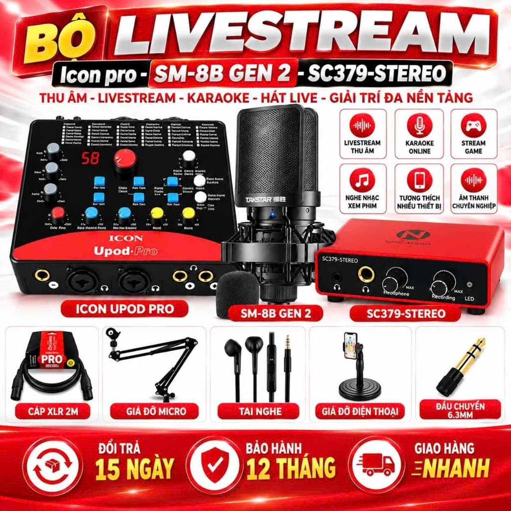 Bộ Livestream Icon Upod Pro + Micro SM-8B Gen 2 + NMC-AUDIO SC379-Stereo, Combo Thu Âm Livestream Karaoke Hát Live Kèm P