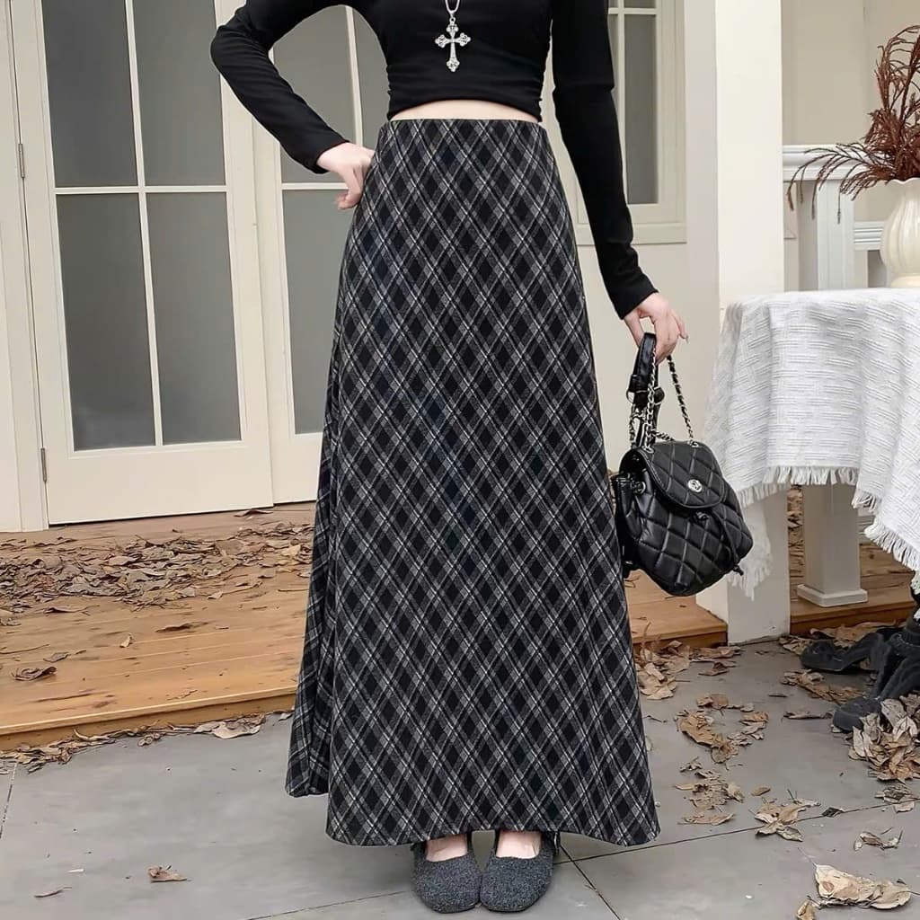 🌷 Chân Váy Kẻ Dạ Dài Dáng Xòe Vintage Hàn Quốc Cạp Chun Co Giãn Thời Trang Nữ Thu Đông
