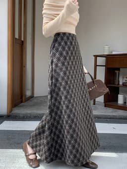 🌷 Chân Váy Kẻ Dạ Dài Dáng Xòe Vintage Hàn Quốc Cạp Chun Co Giãn Thời Trang Nữ Thu Đông 5