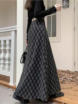🌷 Chân Váy Kẻ Dạ Dài Dáng Xòe Vintage Hàn Quốc Cạp Chun Co Giãn Thời Trang Nữ Thu Đông 4