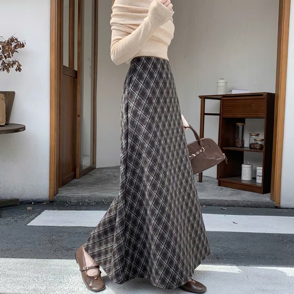 🌷 Chân Váy Dạ Kẻ Caro Dáng Dài Vintage Hàn Quốc Dáng Xòe Tôn Dáng Thời Trang Nữ