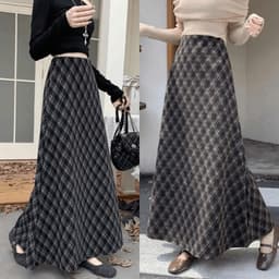 🌷 Chân Váy Kẻ Dạ Caro Dáng Dài Dáng Xòe Vintage Hàn Quốc Cạp Chun Co Giãn Thời Trang Nữ 1