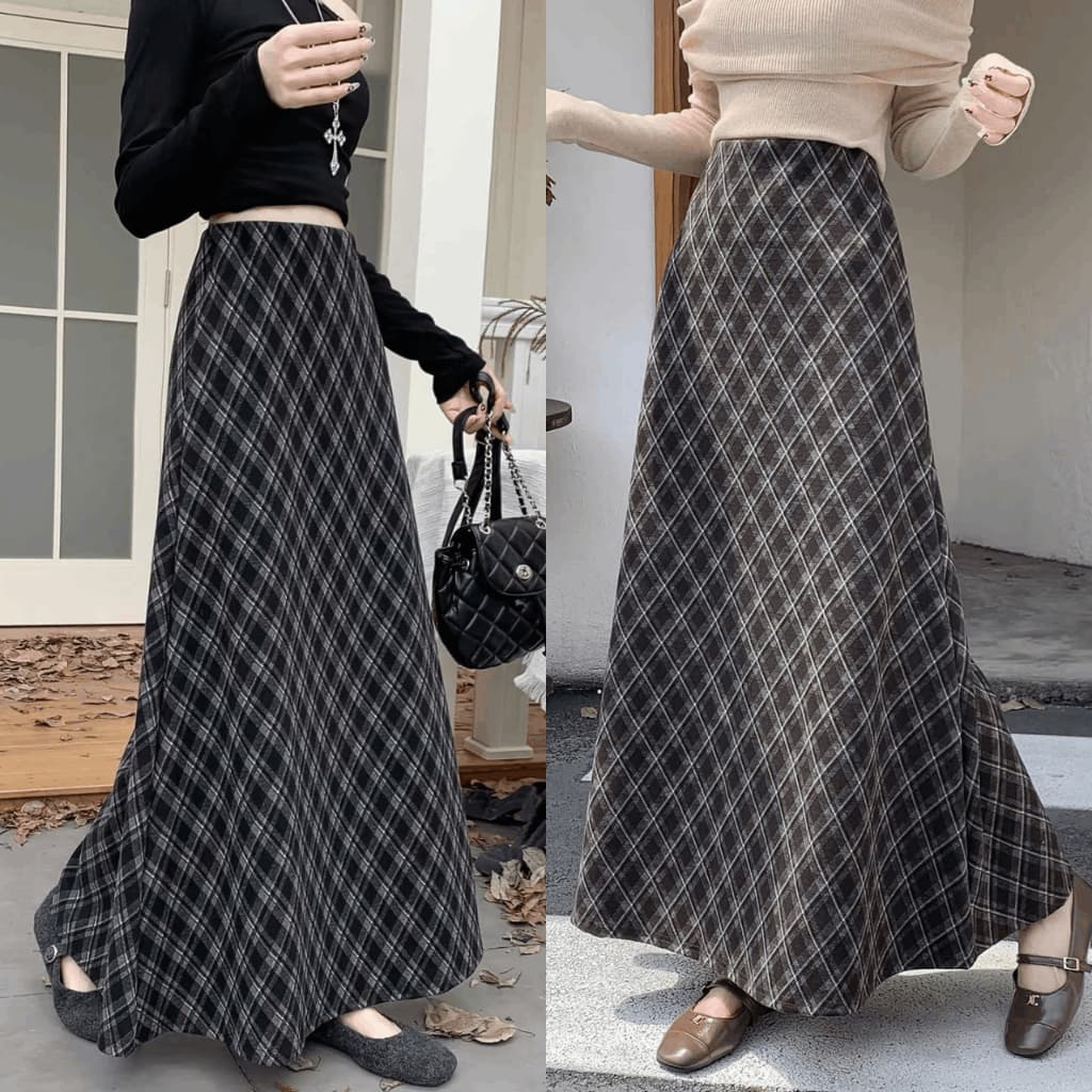 🌷 Chân Váy Kẻ Dạ Caro Dáng Dài Dáng Xòe Vintage Hàn Quốc Cạp Chun Co Giãn Thời Trang Nữ