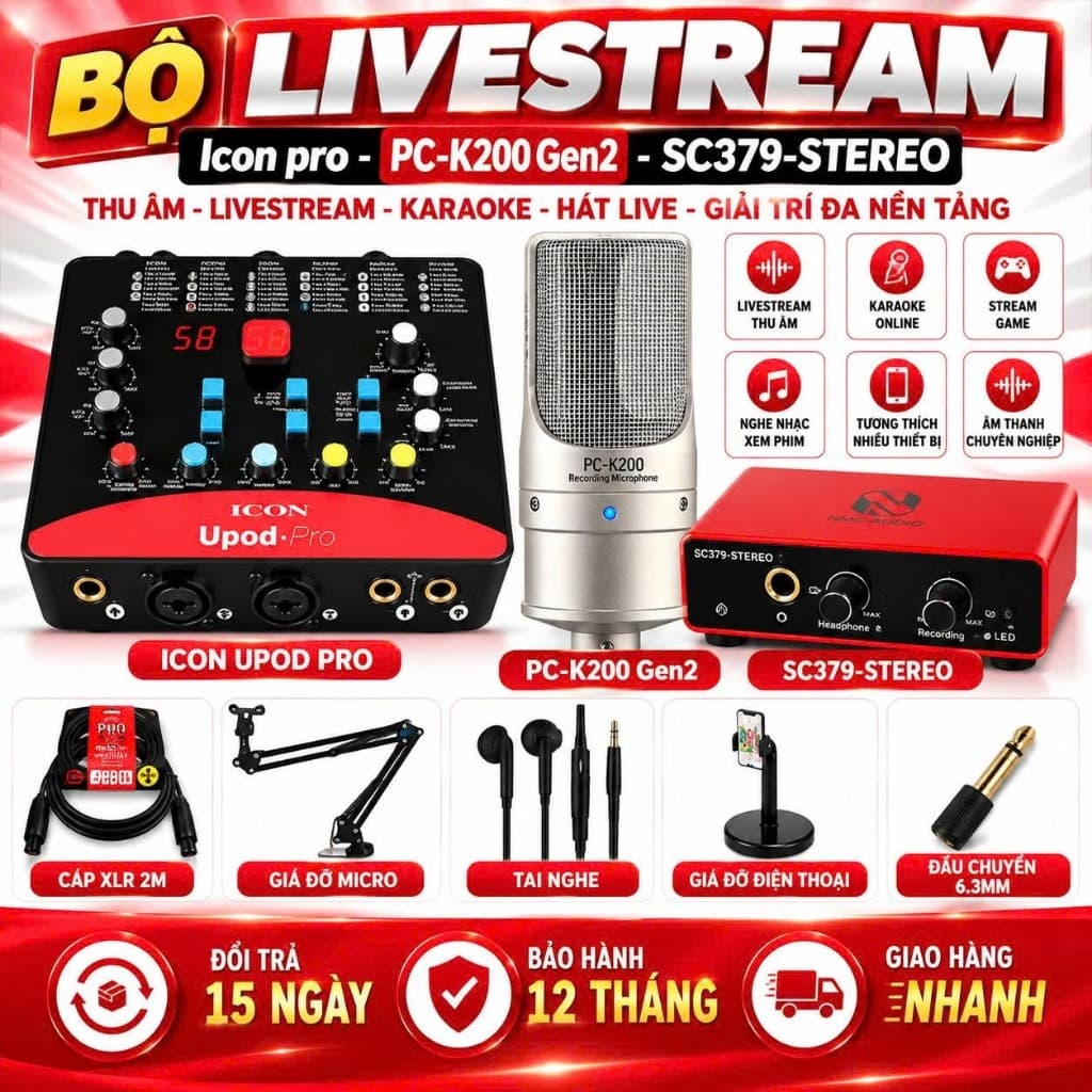Bộ Livestream ICON Upod Pro + Micro PC-K200 Gen2 + NMC-AUDIO SC379-Stereo, Combo Thu Âm Livestream Karaoke Hát Live