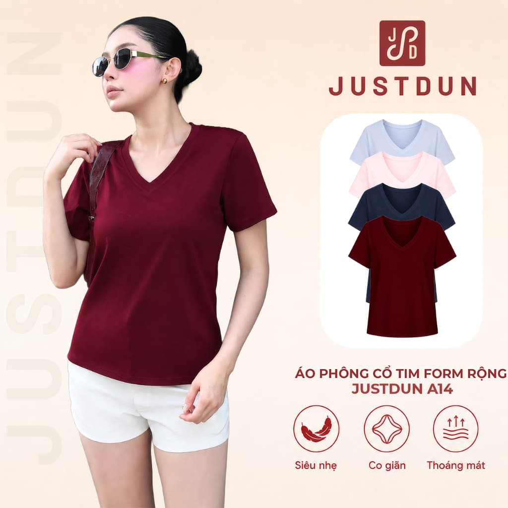 [MỞ BÁN] Áo Thun Nữ Cổ Tim Form Rộng JUSTDUN A14 – Cotton Mềm Mại, Mịn Màng, Thấm Hút Mồ Hôi, Co Giãn Thoải Mái