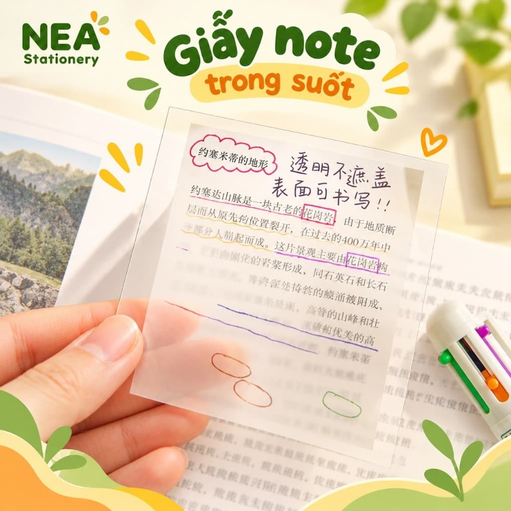 Giấy nhớ Sticky Note trong suốt 7×9.5cm, 7.5×7.5cm – Chọn hồng hoặc trắng, ghi chú học tập