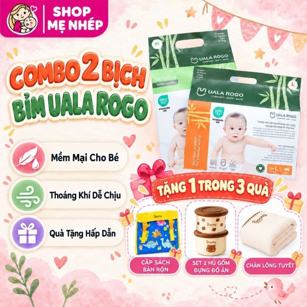 (COMBO QUÀ 2 BỊCH)  Tã/bỉm UalaRogo sợi tre mềm mại, chống tràn, thấm hút tốt đủ size cho bé từ 4-30kg