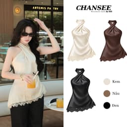 Áo Yếm Nữ CHANSEE Lụa Cổ Chéo Viền Ren, Tôn Dáng Đi Chơi Đi Tiệc Vải Lụa Cao Cấp 1