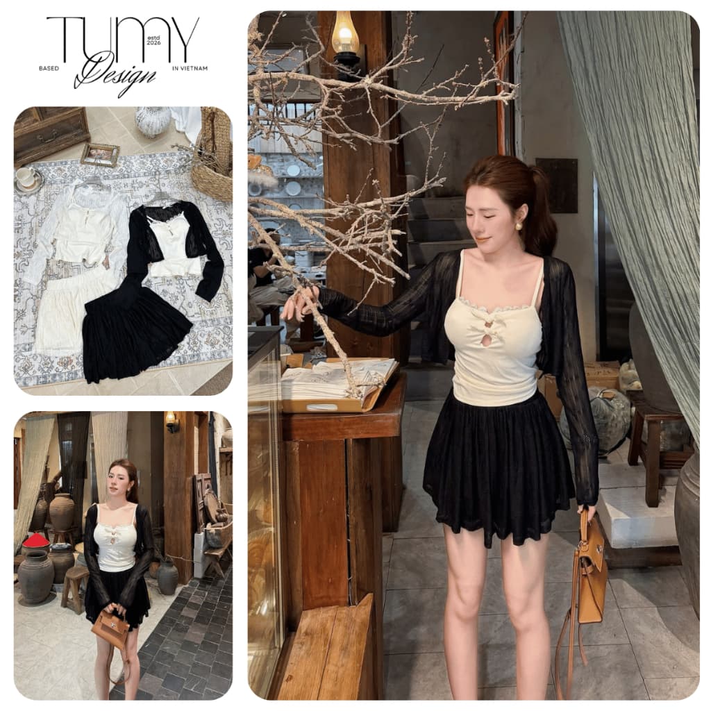 Set 3 món nữ áo cardigan tay dài mỏng kèm chân váy và áo 2 dây phối ren phong cách Korea TuMy Fashion HM-159