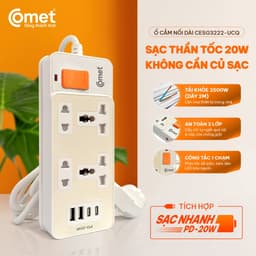 Ổ cắm nối dài Comet CESG3222-UCQ 2 cổng sạc nhanh 20W, công suất 2500W, dây dài 2M 1