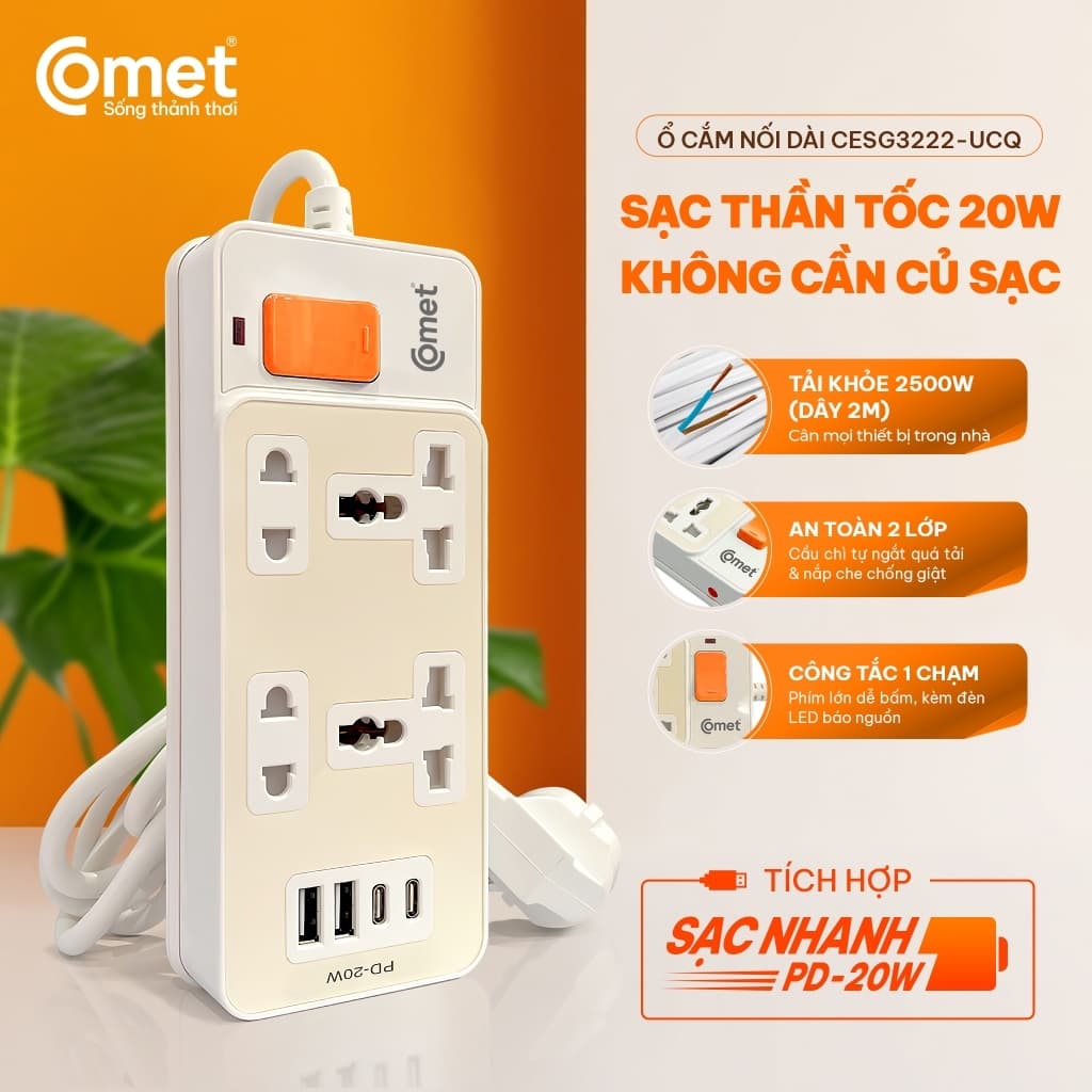 Ổ cắm nối dài Comet CESG3222-UCQ 2 cổng sạc nhanh 20W, công suất 2500W, dây dài 2M
