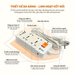 Ổ cắm nối dài Comet CESG3222-UCQ 2 cổng sạc nhanh 20W, công suất 2500W, dây dài 2M 3