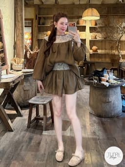 Set áo dài tay tơ nhăn phối ren dáng babydoll kèm chân váy xòe tiểu thư nhẹ nhàng phong cách Korea TuMy Fashion HM-153 6