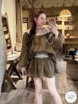 Set áo dài tay tơ nhăn phối ren dáng babydoll kèm chân váy xòe tiểu thư nhẹ nhàng phong cách Korea TuMy Fashion HM-153 5