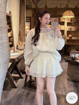 Set áo dài tay tơ nhăn phối ren dáng babydoll kèm chân váy xòe tiểu thư nhẹ nhàng phong cách Korea TuMy Fashion HM-153 4