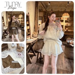 Set áo dài tay tơ nhăn phối ren dáng babydoll kèm chân váy xòe tiểu thư nhẹ nhàng phong cách Korea TuMy Fashion HM-153 1