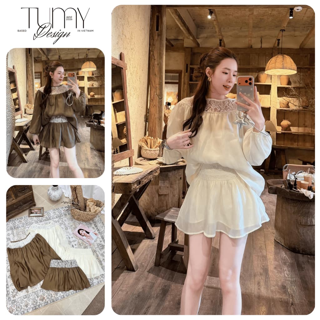 Set áo dài tay tơ nhăn phối ren dáng babydoll kèm chân váy xòe tiểu thư nhẹ nhàng phong cách Korea TuMy Fashion HM-153