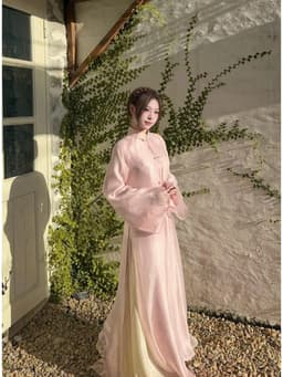 Set áo dài Lụa Mango 4 tà đính nút tàu phối Tơ ánh kim cao cấp nhẹ nhàng thướt tha_QC 3