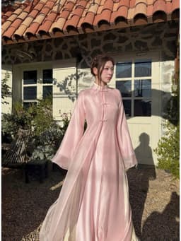 Set áo dài Lụa Mango 4 tà đính nút tàu phối Tơ ánh kim cao cấp nhẹ nhàng thướt tha_QC 4