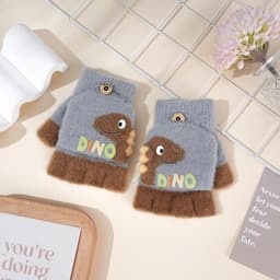 Găng Tay Len Nửa Bàn Cho Bé 3–10 Tuổi Hình Khủng Long Dễ Thương, Găng Tay Giữ Ấm Mùa Đông Mềm Mại Co Giãn 4
