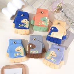 Găng Tay Len Nửa Bàn Cho Bé 3–10 Tuổi Hình Khủng Long Dễ Thương, Găng Tay Giữ Ấm Mùa Đông Mềm Mại Co Giãn 3
