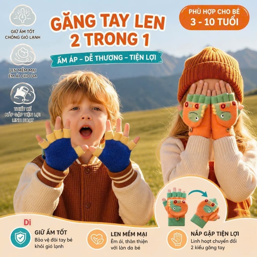Găng Tay Len Nửa Bàn Cho Bé 3–10 Tuổi Hình Khủng Long Dễ Thương, Găng Tay Giữ Ấm Mùa Đông Mềm Mại Co Giãn