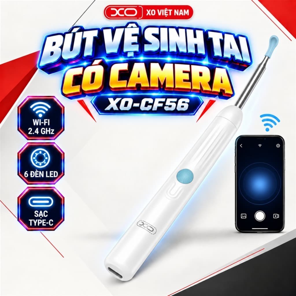 Camera Soi Tai XO-CF56 Kết Nối Điện Thoại, 6 Đèn LED, Ống Kính 3.5mm, Dùng Cho iOS Và Android