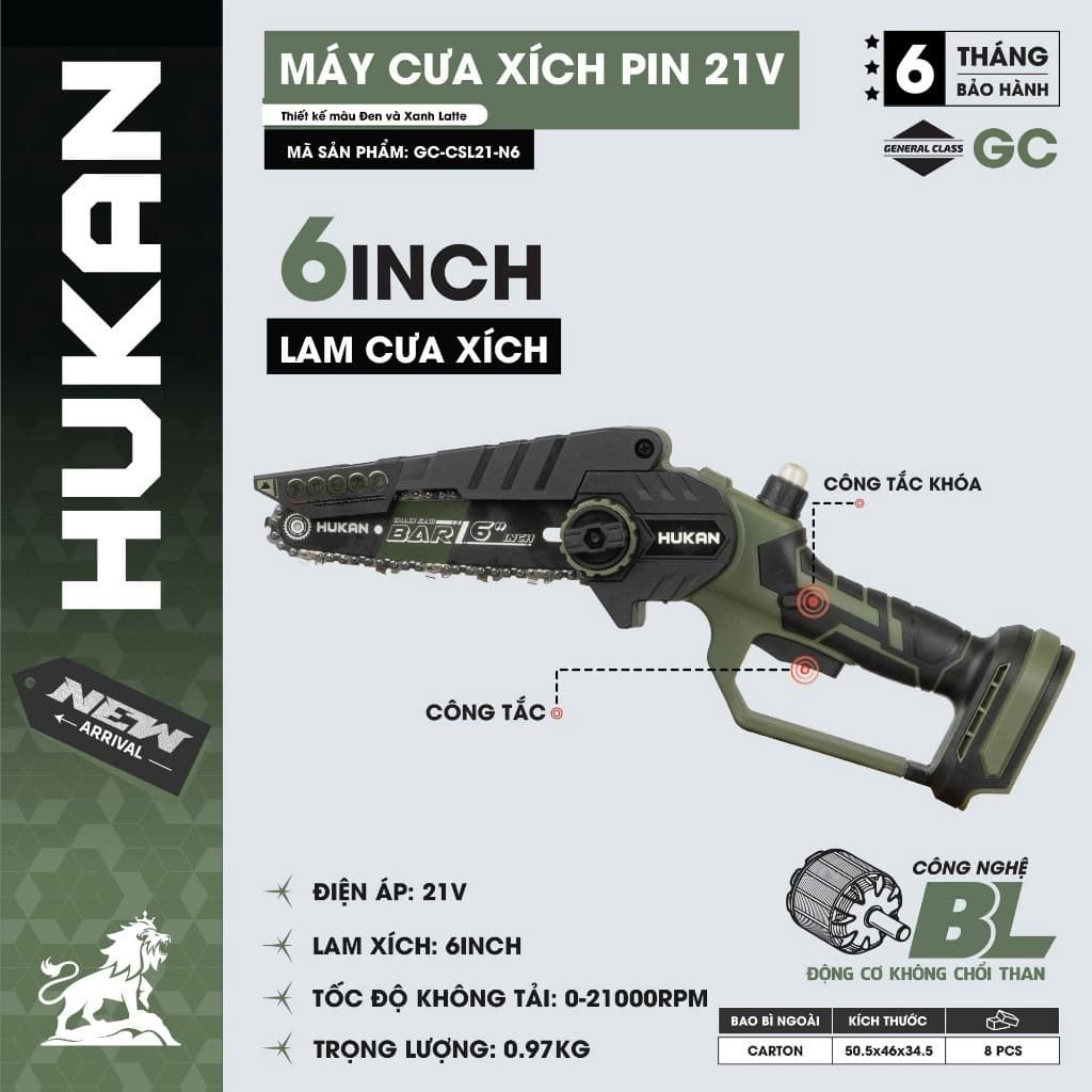 Máy cưa xích pin HUKAN GC-CSL21-N6, Không chổi than, 21000 v/p, Lam xích 6 Inch