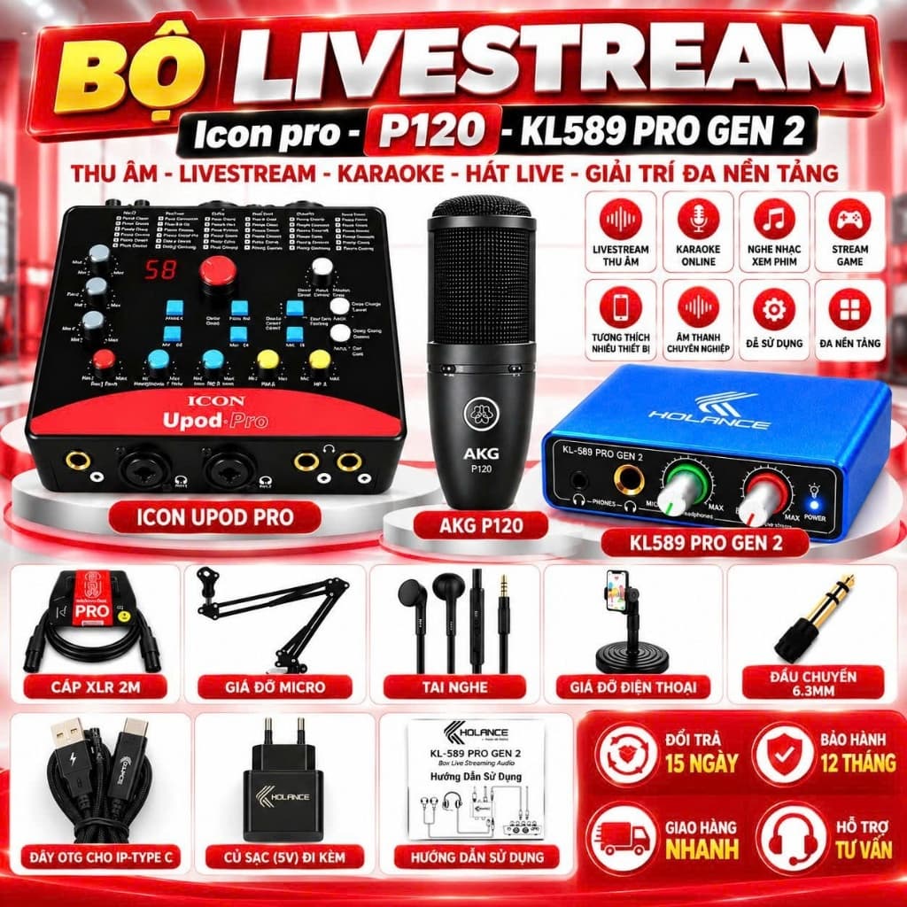 Bộ Livestream Icon Upod Pro + Micro AKG P120 + Box KL589 Pro Gen 2, Combo Thu Âm Karaoke Hát Live Stream