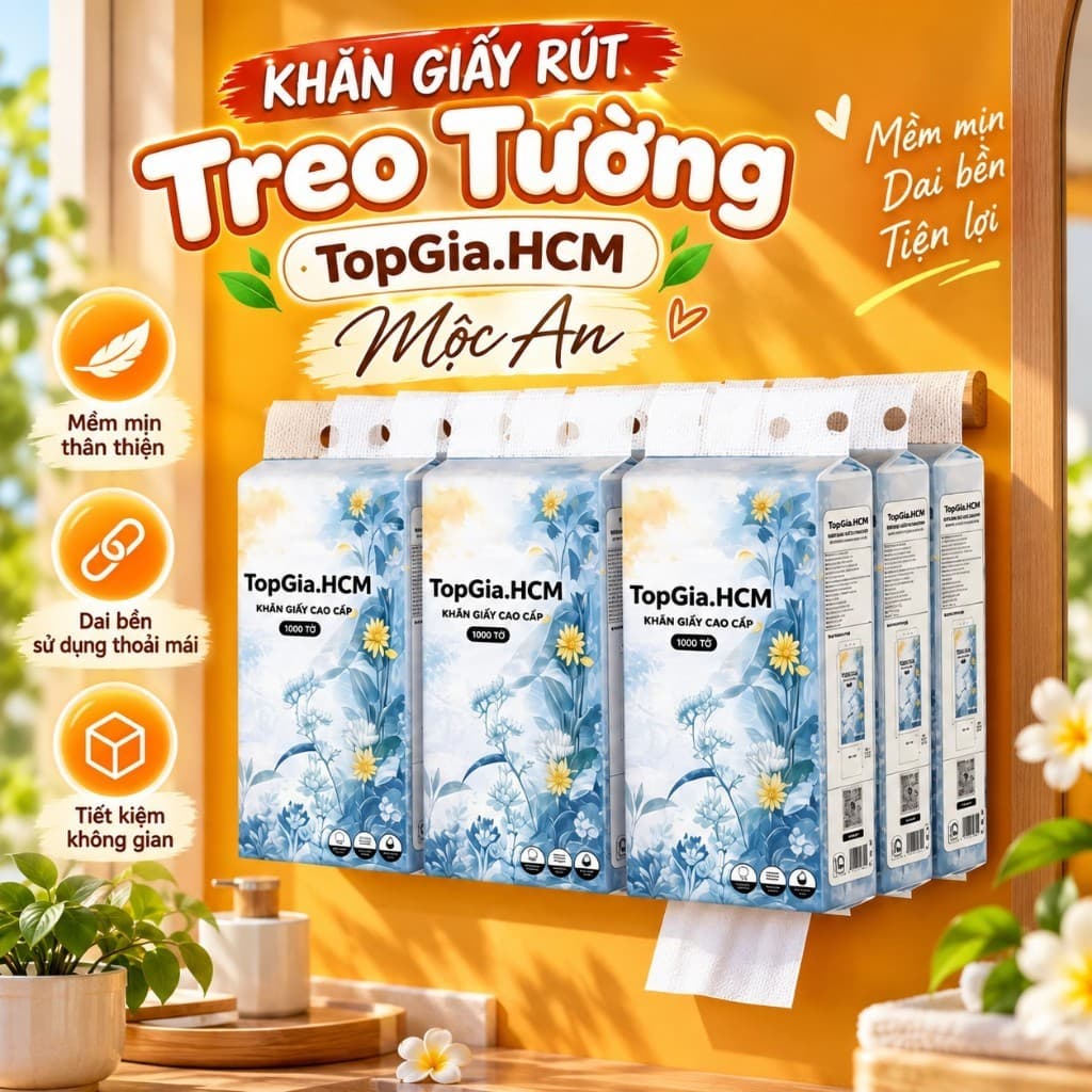 Khăn Giấy Rút Treo Tường Top Gia Mộc An Thùng 10/5 bịch, Bịch 1000 Tờ 4 Lớp, mềm mịn, an toàn