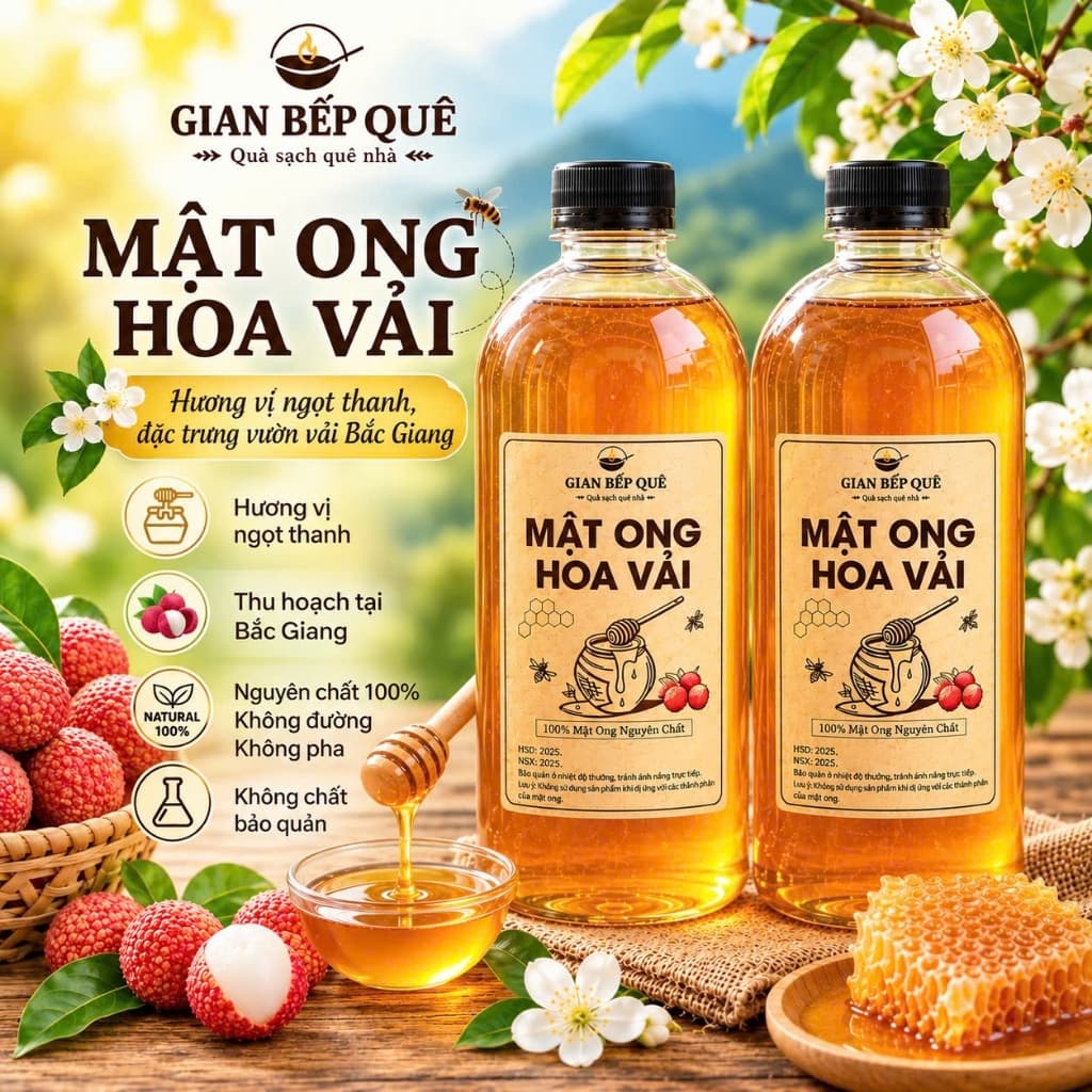 Combo 2 Chai Mật Ong Hoa Vải Gian Bếp Quê – Mật Ong Nguyên Chất – Tổng 2 Lít
