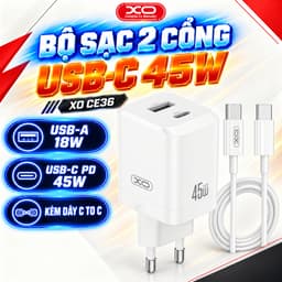 Bộ Sạc Nhanh XO CE36 45W Kèm Cáp Type-C To Type-C, 2 Cổng USB-C USB-A, Hỗ Trợ PD3.0 PPS 1
