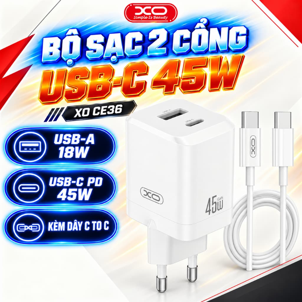 Bộ Sạc Nhanh XO CE36 45W Kèm Cáp Type-C To Type-C, 2 Cổng USB-C USB-A, Hỗ Trợ PD3.0 PPS