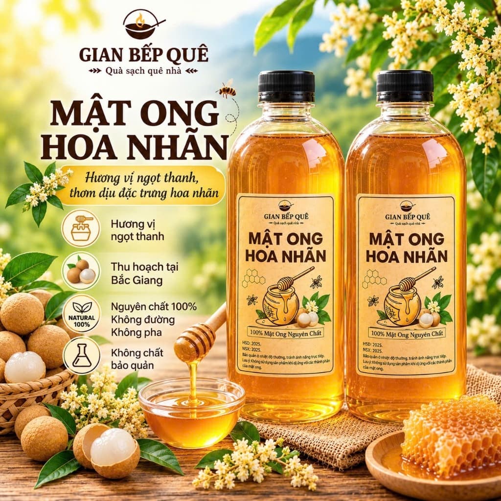 Combo 2 Chai Mật Ong Hoa Nhãn Gian Bếp Quê – Mật Ong Nguyên Chất – Tổng 2 Lít