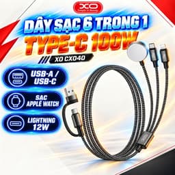 Dây Sạc Đa Năng XO CX040 6 Trong 1, Type-C 100W, Lightning 12W, Sạc Apple Watch 5W, Dài 1.2m 1