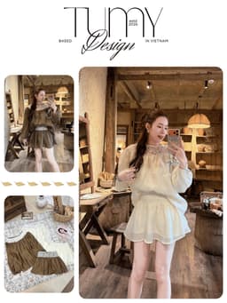 Set áo dài tay tơ nhăn phối ren dáng babydoll kèm chân váy xòe tiểu thư nhẹ nhàng phong cách Korea TuMy Fashion HM-153 2
