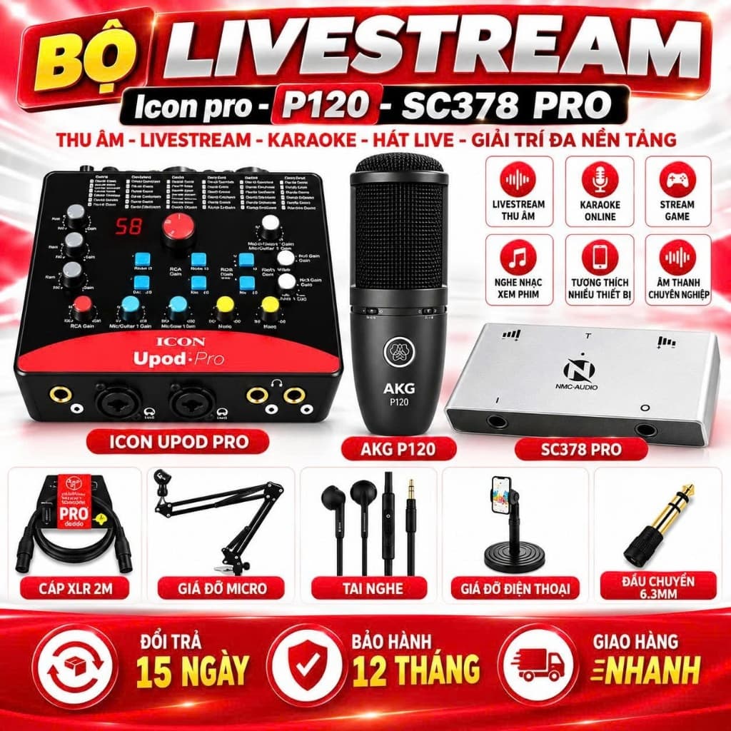 Bộ Livestream Upod Pro + P120 + NMC-AUDIO SC378 Pro Full Combo Thu Âm Livestream Karaoke Hát Live Kèm Phụ