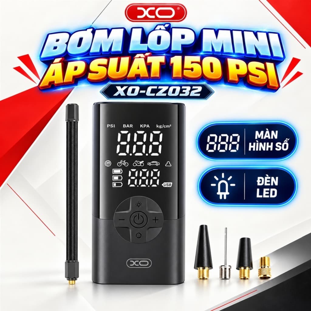 Máy Bơm Lốp Ô Tô Mini XO-CZ032 150PSI, Pin 2000mAh, Màn Hình, Đèn LED