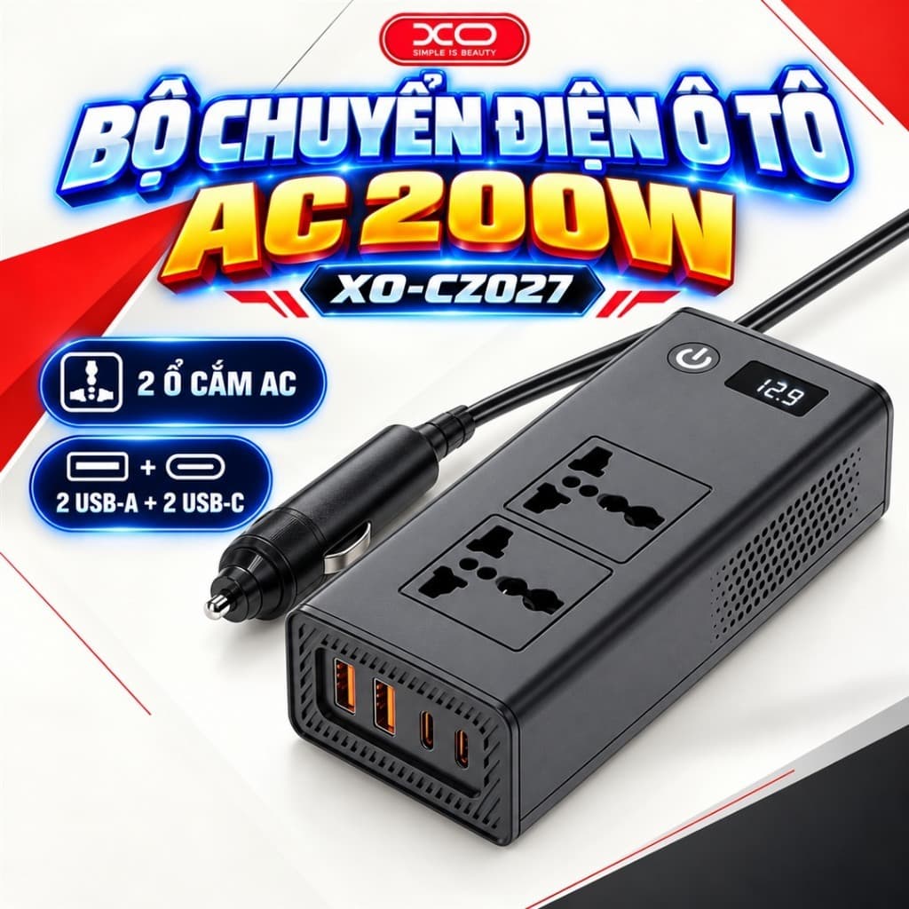 Ổ Cắm Điện Ô Tô XO-CZ027 200W, Đầu Ra 220V, 2 Cổng USB-A QC3.0 Và 2 Cổng USB-C PD3.0