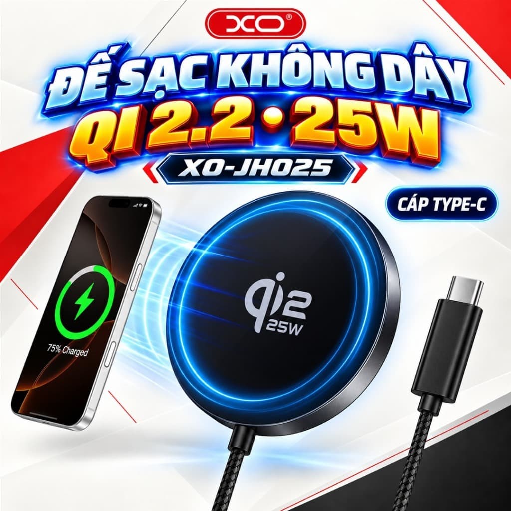 Đế Sạc Không Dây Từ Tính XO JH025 Qi2.2 25W, Thiết Kế Siêu Mỏng, Kèm Cáp Type-C 1.2m