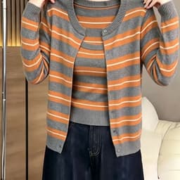 (47-90 KG) COMBO ÁO SỌC CAM XÁM, CHẤT COTTON IN SỌC CO GIÃN, FORM CARDIGAN THANH THOÁT, DỄ MẶC 7