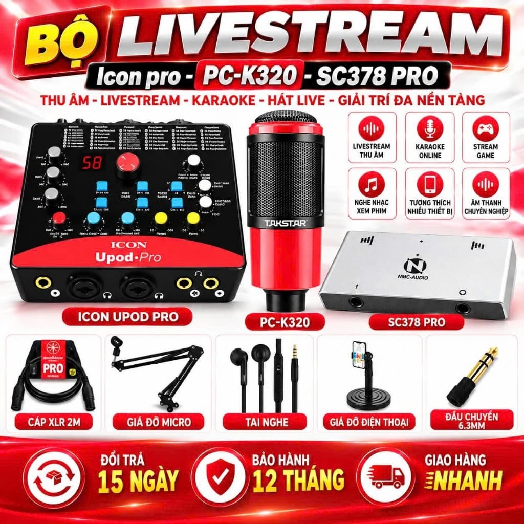 Combo Livestream ICON Upod Pro + Micro PC-K320 + NMC-AUDIO SC378 Pro Kèm Full Phụ Kiện, Bộ Thu Âm Karaoke Hát Live