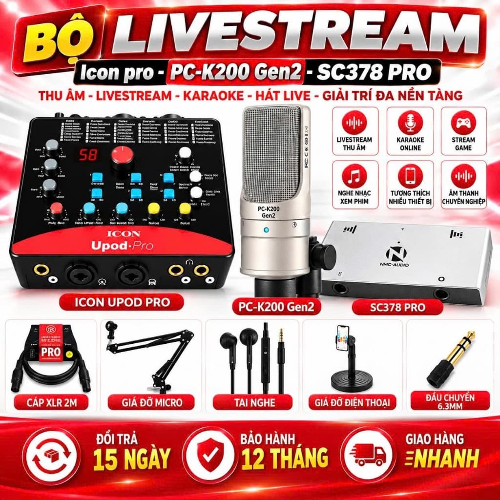 Bộ Livestream PC-K200 Gen2 + Icon Upod Pro + NMC-AUDIO SC378 Pro, Combo Micro Thu Âm Sound Card Livestream Karaoke Hát L