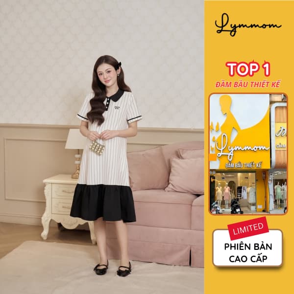 Váy babydoll bầu xinh Lymmom đầm bầu thiết kế nơ xinh phù hợp đi làm đi chơi VB217