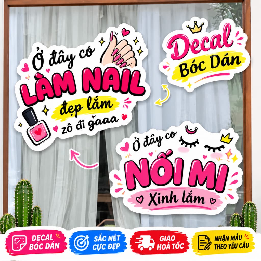 Decal TRANG TRÍ TIỆM NAIL, MI, SPA, TIỆM TÓC -stick bóc dán kính chống nước, chống nắng dán ngoài trời, decor quán