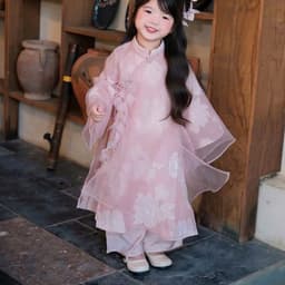 Áo dài bé gái thiết kế dáng suông - chất liệu cao cấp - gam hồng baby siêu cưng - áo dời và hoa như ảnh - điệu đà 8