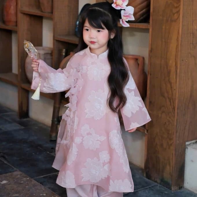 Áo dài bé gái thiết kế dáng suông - chất liệu cao cấp - gam hồng baby siêu cưng - áo dời và hoa như ảnh - điệu đà